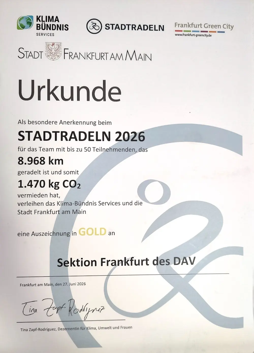 Die Urkunde | © DAV Sektion Frankfurt am Main/Dieter Schönberger